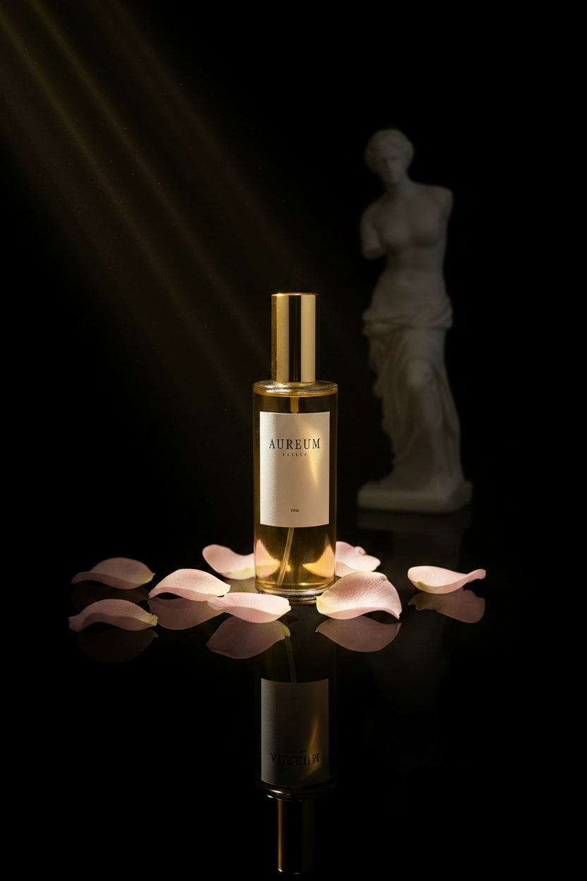 Venus — Concepto artístico con referencias a la diosa Venus, pétalos dorados y escultura clásica. Aureum Parfum.