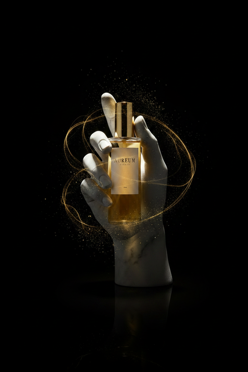 Ego Aurum — Mano de mármol sosteniendo frasco Aureum, iluminación dramática sobre fondo negro.