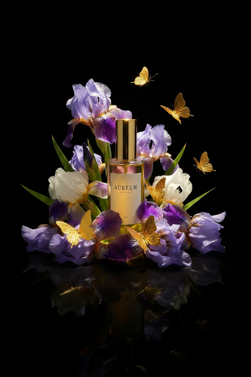Aurora — Frasco Aureum rodeado de flores de iris moradas y mariposas doradas sobre fondo negro.