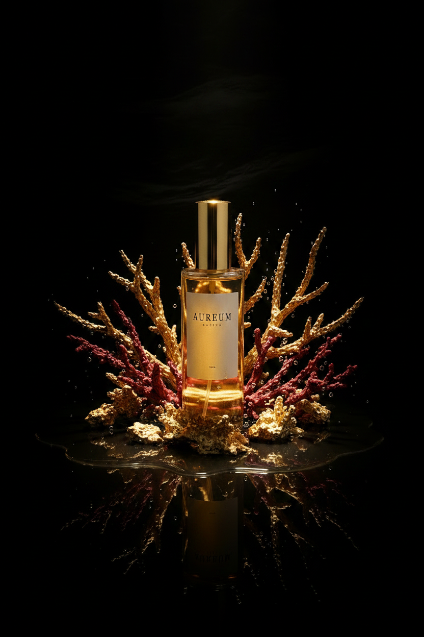 Corallum — Frasco Aureum rodeado de ramas de coral dorado y rojo sobre fondo negro, iluminación dramática.