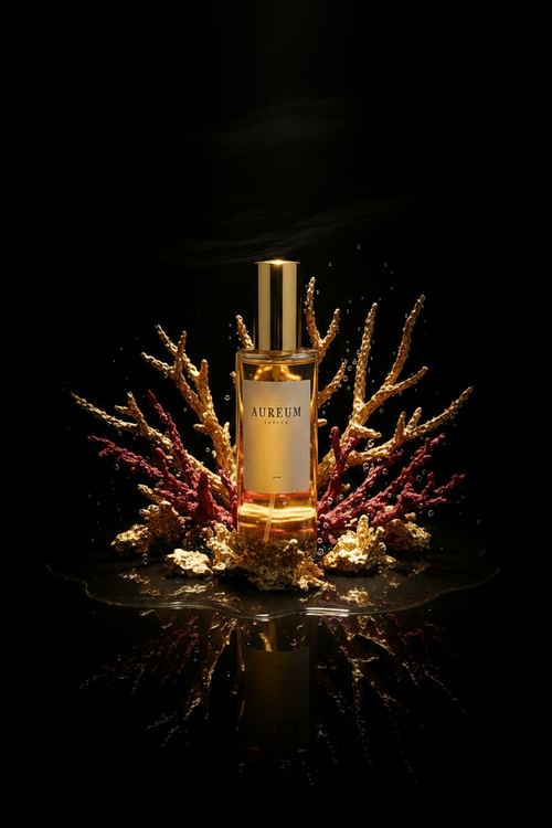 Corallum — Frasco Aureum rodeado de ramas de coral dorado y rojo sobre fondo negro, iluminación dramática.